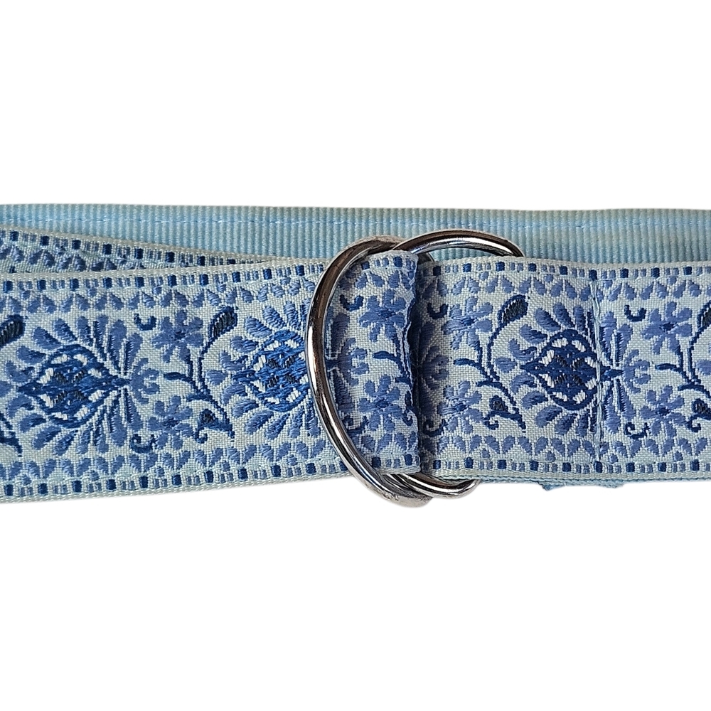 Light Blue Floral Jacquard Fabric Belt with Double Ring Buckle - Picture 4 of 5